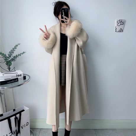 sleeve fox fur long coat