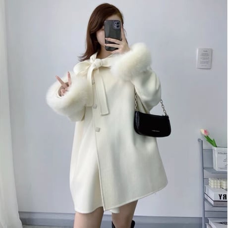 neck ribbon foxfur coat