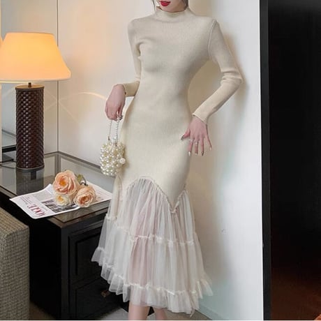 tulle 切り替え  knit onepiece