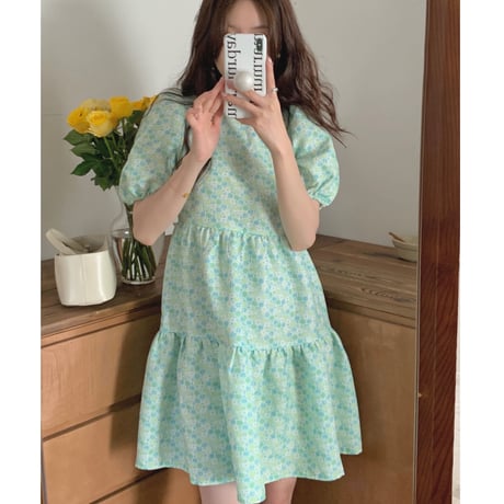 Back ribbon puff sleeve onepiece