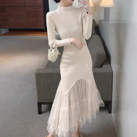 tulle 切り替え  knit onepiece