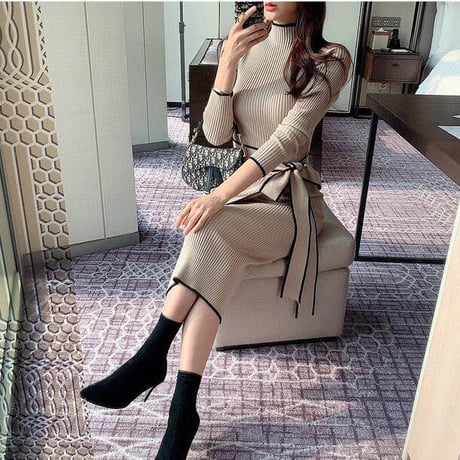 【即納あり】waist ribbon tight onepiece