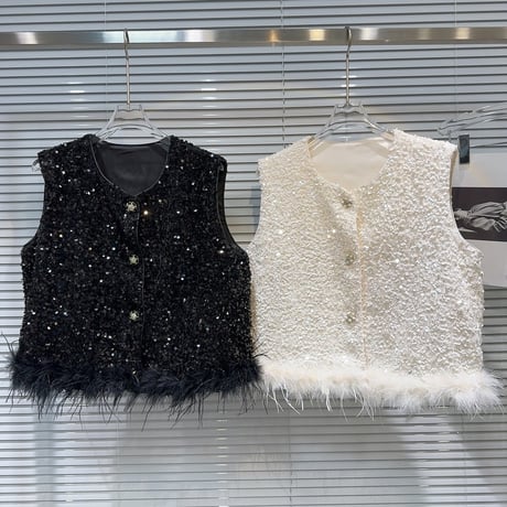 sequins sleeveless feather tops