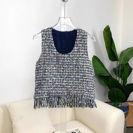 sleeveless fringe tweed tops