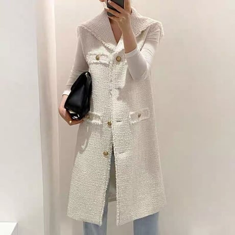 tweed long gilet