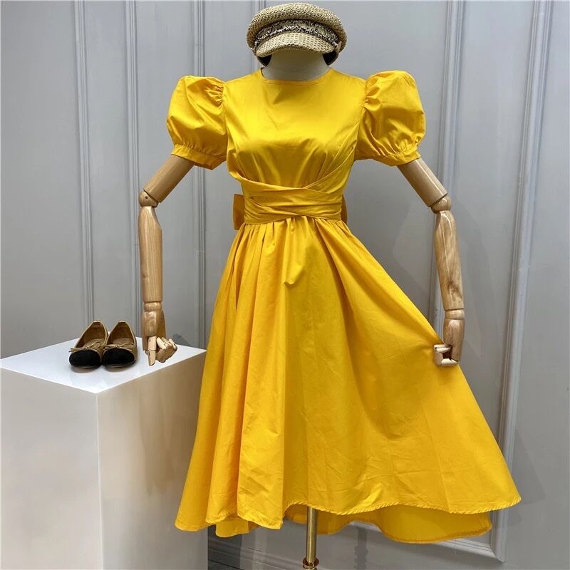 【新品未使用タグ付き】pinue バックリボンシアーワンピース　ライム　イエロー mimigrant ワンピース 2WAYマキシ丈ワンピース レース oplw6