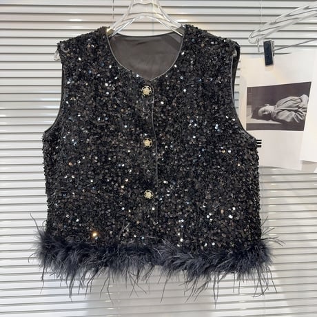 sequins sleeveless feather tops