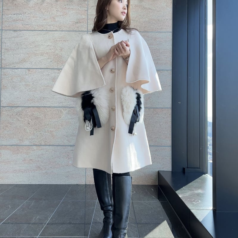 FOX 34 KASHMIR COAT 27.5+ （最終値下げ） Long gray cashmere wool coat with fox trim | SKANDINAVIK FUR
