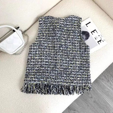 sleeveless fringe tweed tops