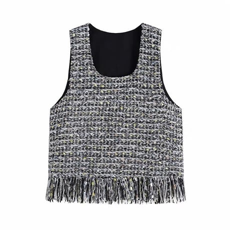 sleeveless fringe tweed tops