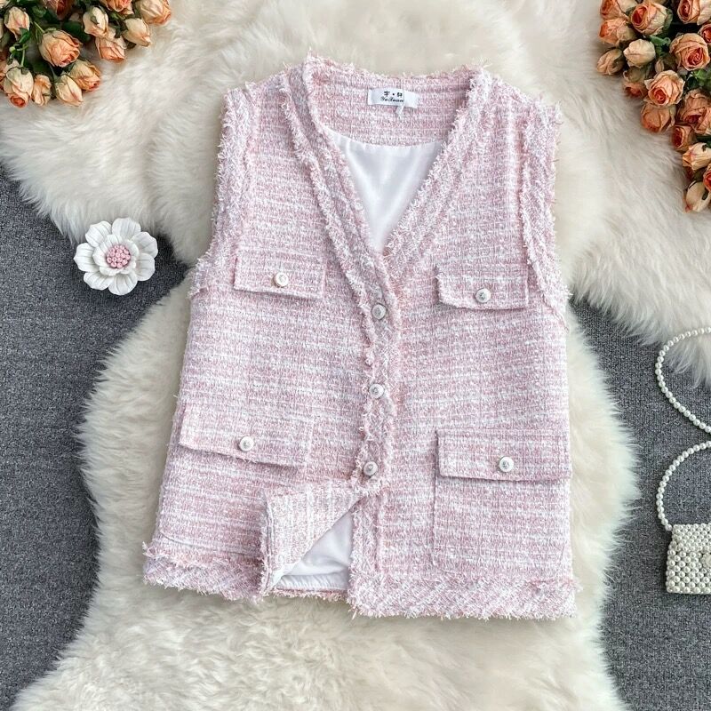 ♡pois ポワ Tweed vest ピンク♡ツイード ベスト ジレ tweed vest | BrillantSelect Store