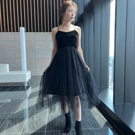 【即納】peplum knit tulle onepiece