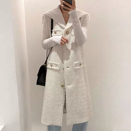 tweed long gilet