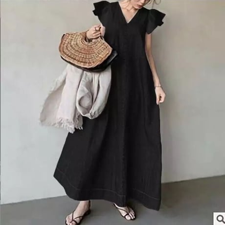 v-neck frill long onepiece