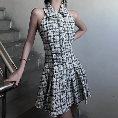 sleeveless tweed onepiece