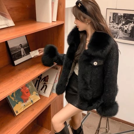 【即納】fur tweed jacket