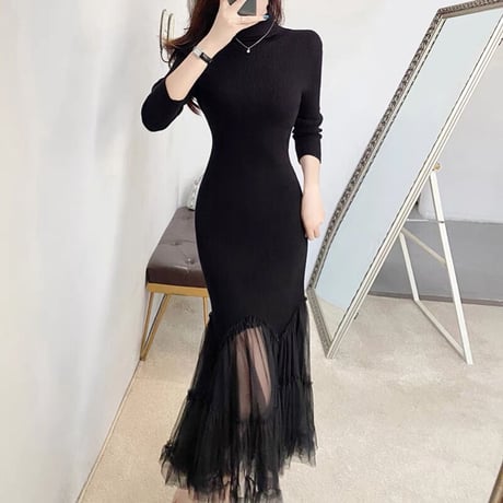 tulle 切り替え  knit onepiece