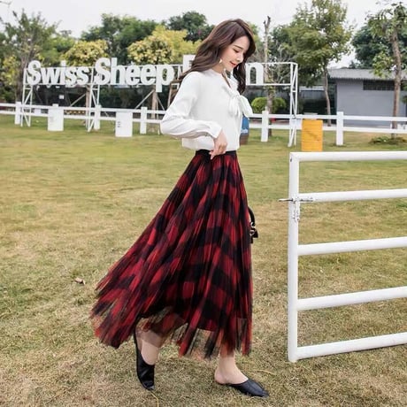 check chiffon skirt