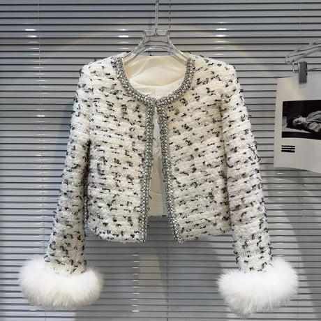 sleeve fur tweed jacket