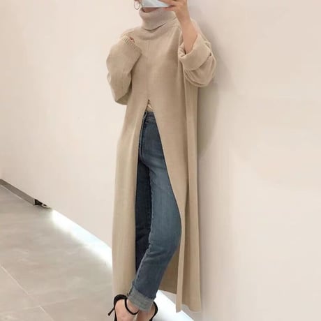 スリット入り ハイネック ロングニット