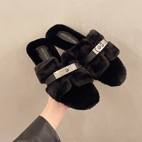 buckle eco fur sandal