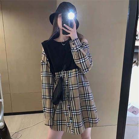 肩あきチェック柄シャツ