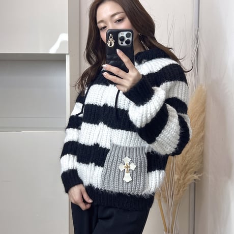 【即納】cross design border short knit