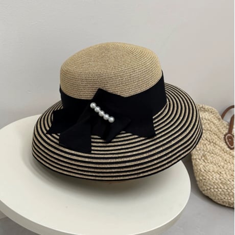 stripe pearl straw hat