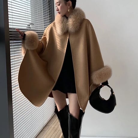 【カシミヤウール】fox fur cape