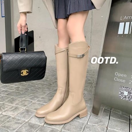 牛革 バックルデザイン ロングブーツ