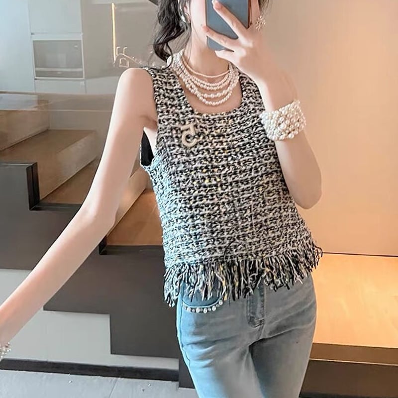 sleeveless fringe tweed tops | BrillantSelect S