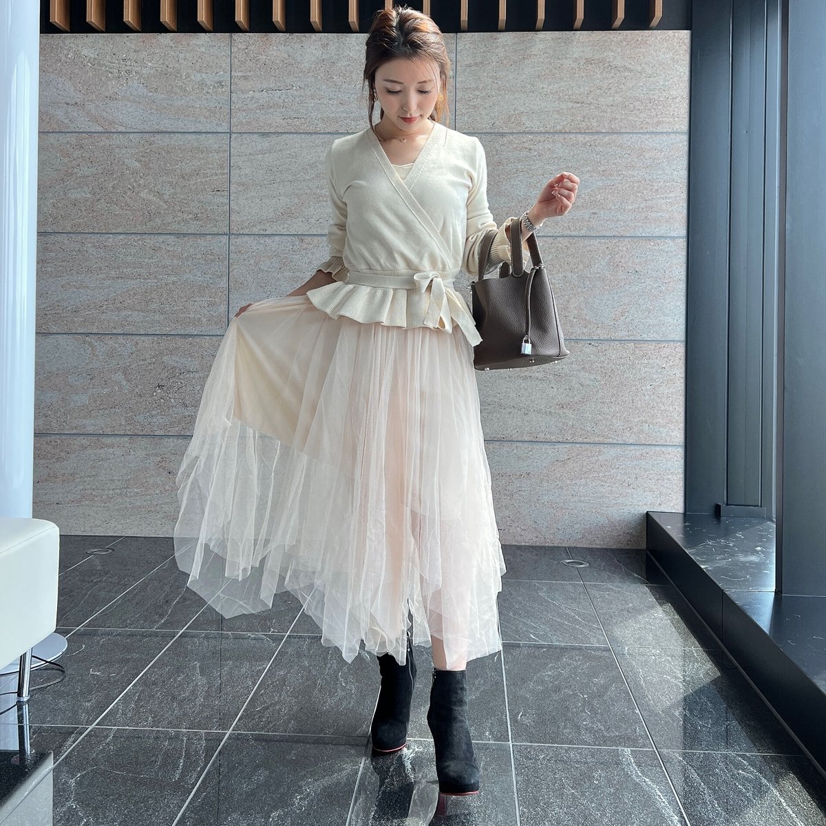 即納】peplum knit tulle onepiece | BrillantSelect