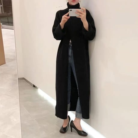 スリット入り ハイネック ロングニット