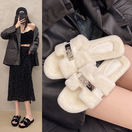 buckle eco fur sandal