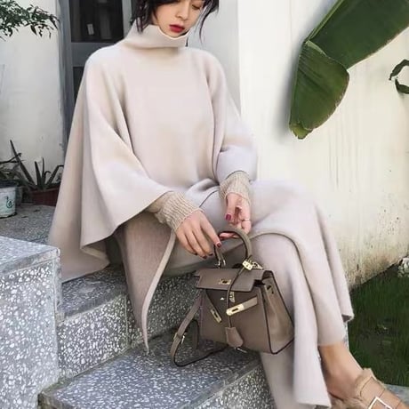 【即納】high neck poncho  setup