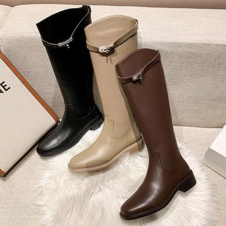 牛革 バックルデザイン ロングブーツ