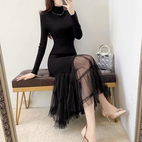 tulle 切り替え  knit onepiece