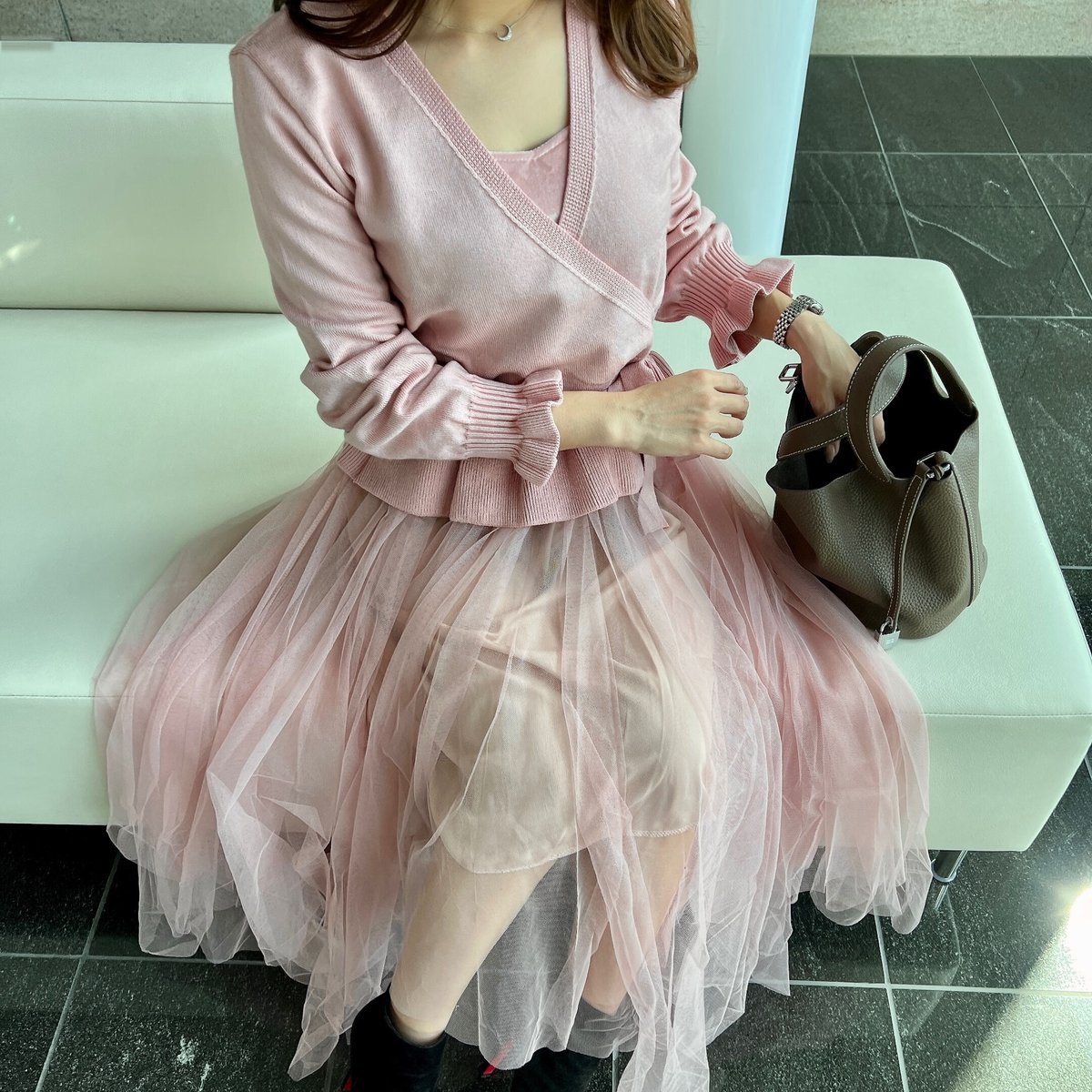 即納】peplum knit tulle onepiece | BrillantSelect