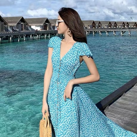 小花柄背中あきワンピース