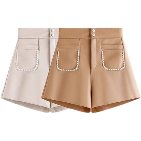 puレザー パール付き ハイウエストショートパンツ