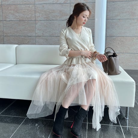 【即納】peplum knit tulle onepiece