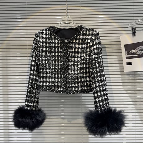 sleeve fur tweed jacket