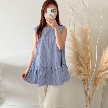 即納　stripe peplum tops