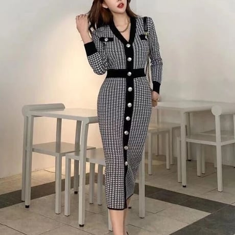 千鳥柄 ニットワンピース
