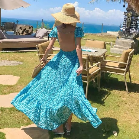 小花柄背中あきワンピース