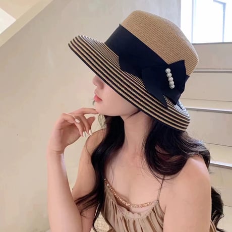 stripe pearl straw hat