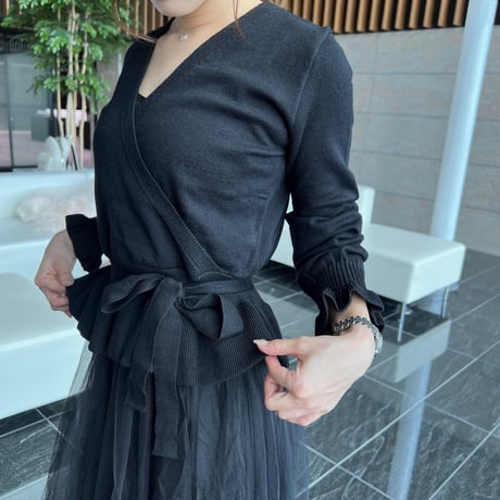【即納】peplum knit tulle onepiece