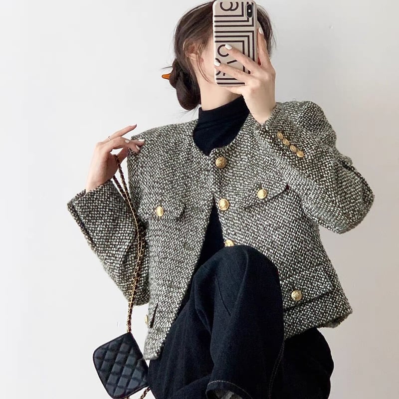 ジャケット・アウター sheller gold button check tweed jacket tweed-jacket-womens-