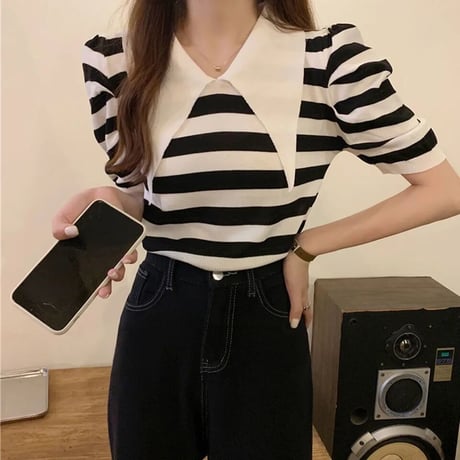 【即納】襟付き border short tops