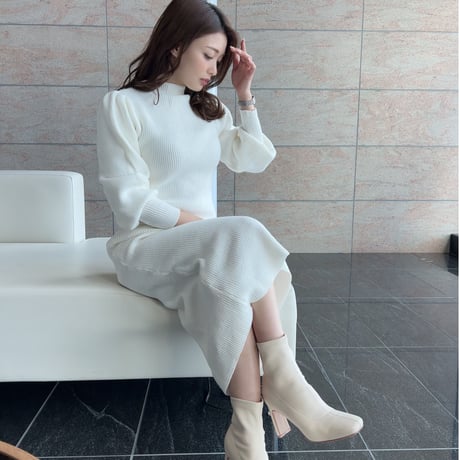 puffsleeve long knit onepiece